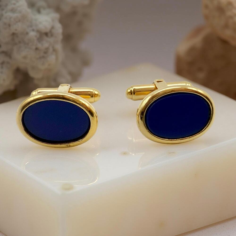 Vintage Christian Dior Blue Enamel Oval Gold Tone Cufflinks